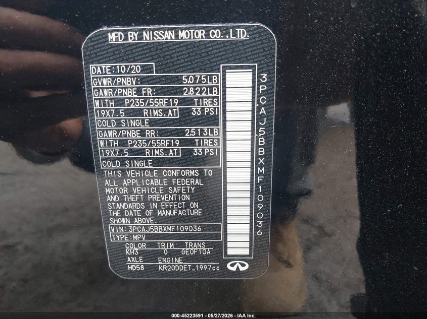 2021 Infiniti Qx50 VIN 3PCAJ5BBXMF109036 IAAI salvage auction — FRONT END, Salvage Title, sold $7,250 on 2026-07-07 (photo 9)