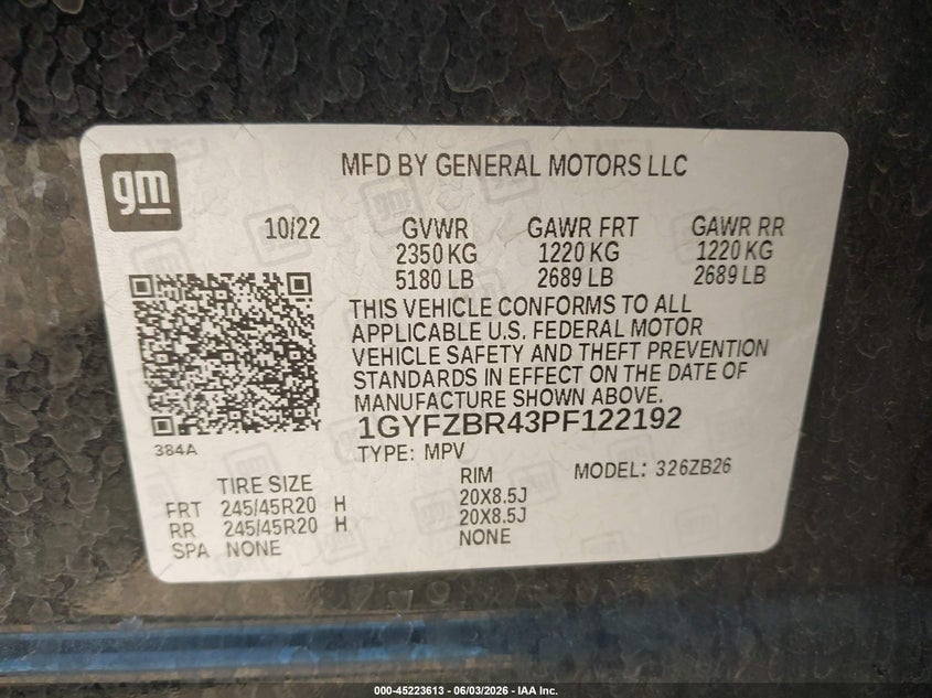 2023 Cadillac Xt4 VIN 1GYFZBR43PF122192 IAAI salvage auction — HAIL, Salvage Title, sold $9,750 on 2026-07-13 (photo 9)