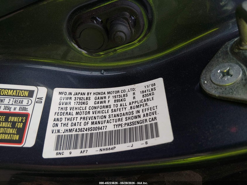 2009 Honda Civic hybrid VIN JHMFA36249S009477 IAAI salvage auction — FRONT END, Salvage (Georgia), sold $200 on 2026-07-17 (photo 9)