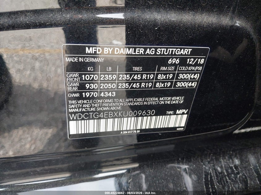 2019 Mercedes-benz Gla-klasse VIN WDCTG4EBXKU009630 IAAI salvage auction — FRONT END, Salvage Title, sold $5,800 on 2026-07-07 (photo 9)