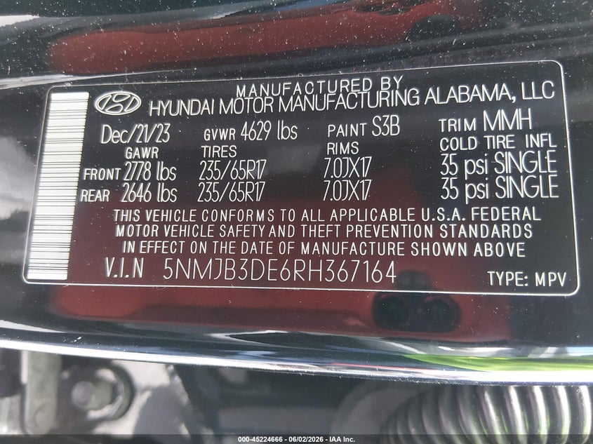 2024 Hyundai Tucson VIN 5NMJB3DE6RH367164 IAAI salvage auction — SIDE, Rebuildable (Florida), sold $7,150 on 2026-07-30 (photo 9)