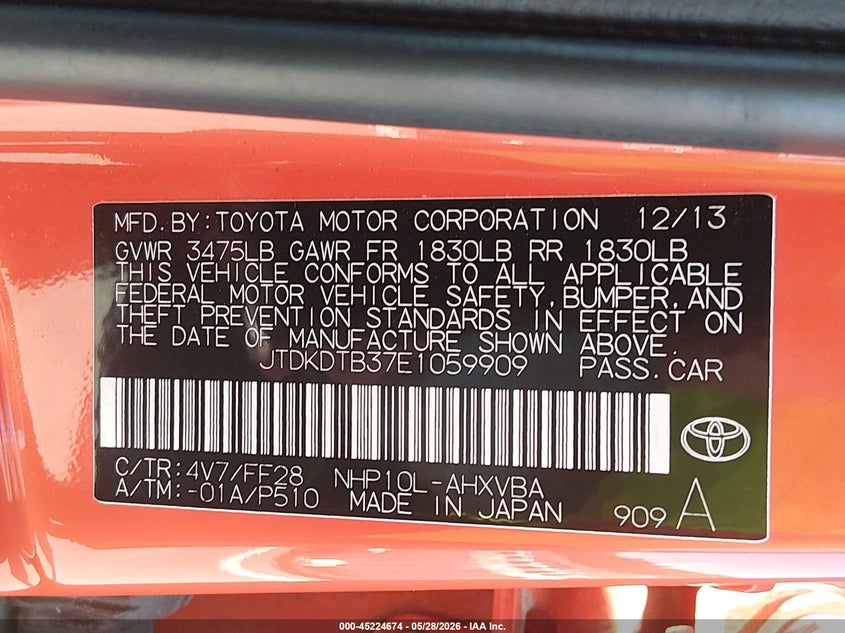 2014 Toyota Prius c VIN JTDKDTB37E1059909 IAAI salvage auction — REAR END, Salvage (New Jersey), sold $850 on 2026-07-27 (photo 9)
