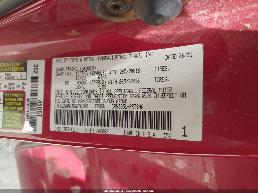 2021 Toyota Tacoma VIN 5TFCZ5AN1MX276100 IAAI salvage auction — HAIL, Original (Texas), sold $9,100 on 2026-07-23 (photo 9)