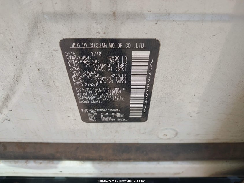 2019 Nissan Armada VIN JN8AY2NCXKX509250 IAAI salvage auction — FRONT END, Original (Texas), sold $9,500 on 2026-07-30 (photo 9)