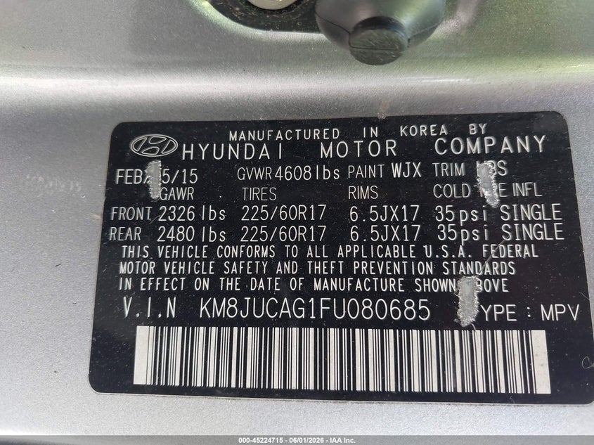 2015 Hyundai Tucson VIN KM8JUCAG1FU080685 IAAI salvage auction — FRONT END, Salvage Title, sold $975 on 2026-07-14 (photo 9)