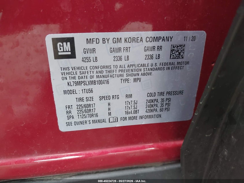 2021 Chevrolet Trailblazer VIN KL79MPSLXMB100416 IAAI salvage auction — FRONT END, Salvage (Indiana), sold $1,175 on 2026-07-08 (photo 9)