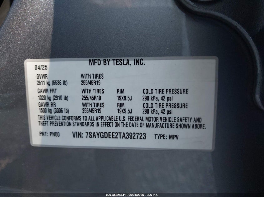 2026 Tesla Model y VIN 7SAYGDEE2TA392723 IAAI salvage auction — FRONT END, Salvage (New Jersey), sold $23,600 on 2026-07-29 (photo 9)