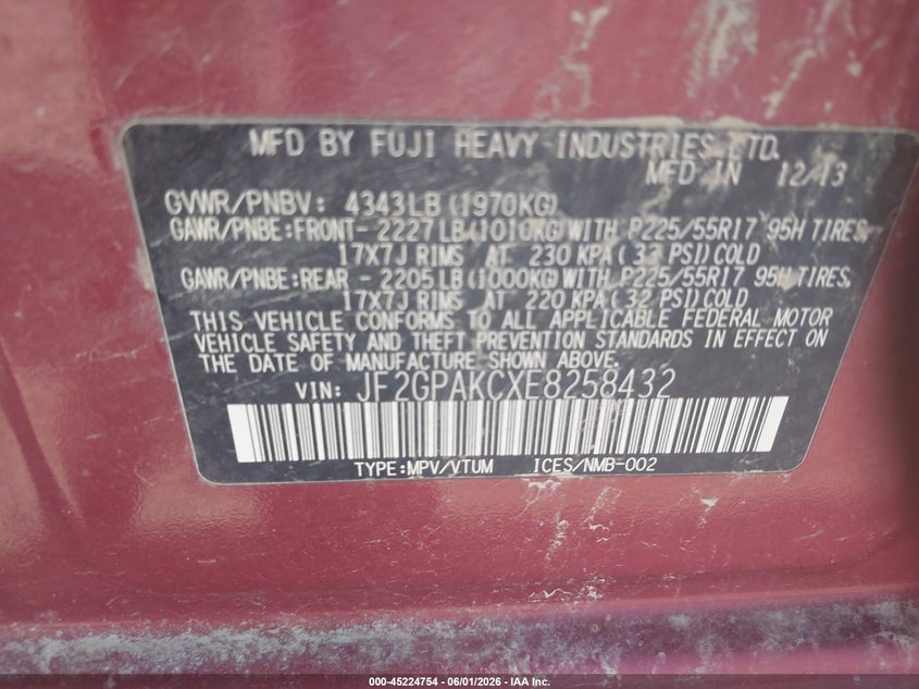 2014 Subaru Xv VIN JF2GPAKCXE8258432 IAAI salvage auction — NORMAL WEAR, Regular Certificate (Iowa), sold $600 on 2026-07-07 (photo 9)