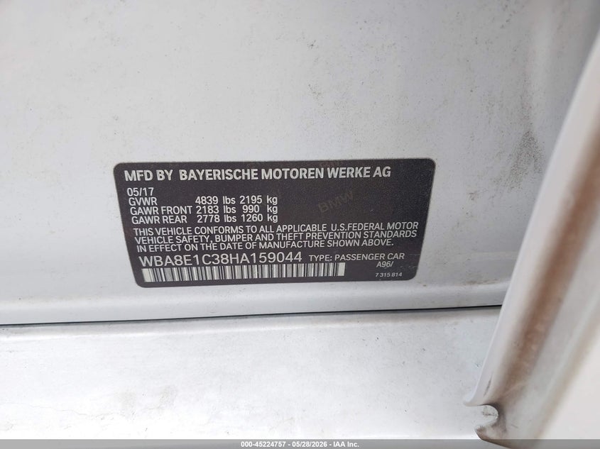 2017 BMW 3er VIN WBA8E1C38HA159044 IAAI salvage auction — FRONT END, Original (Texas), sold $3,500 on 2026-07-09 (photo 9)