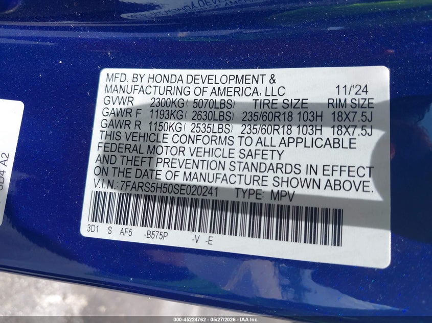 2025 Honda Cr-v VIN 7FARS5H50SE020241 IAAI salvage auction — THEFT, Salvage Title, sold $7,000 on 2026-07-16 (photo 9)
