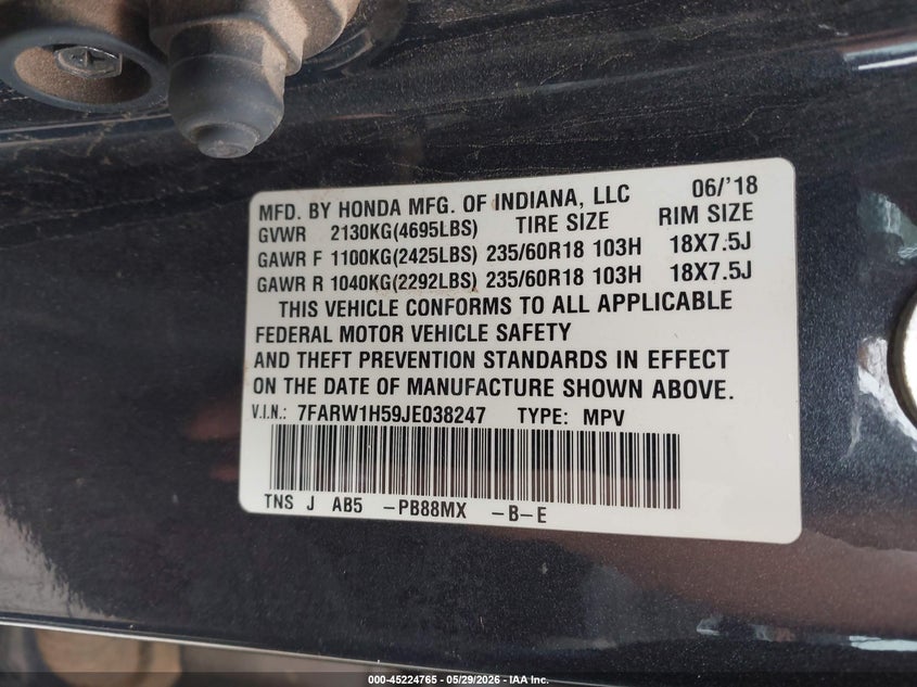 2018 Honda Cr-v VIN 7FARW1H59JE038247 IAAI salvage auction — REAR END, Salvage Title, sold $6,200 on 2026-07-14 (photo 9)