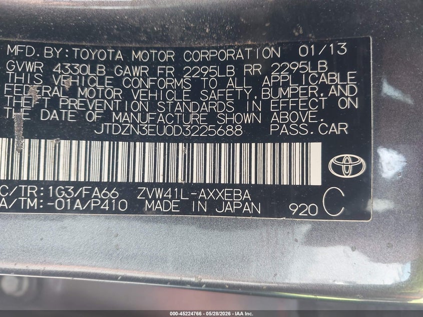2013 Toyota Prius v VIN JTDZN3EU0D3225688 IAAI salvage auction — LEFT REAR, Salvage (Ohio), sold $725 on 2026-07-29 (photo 9)