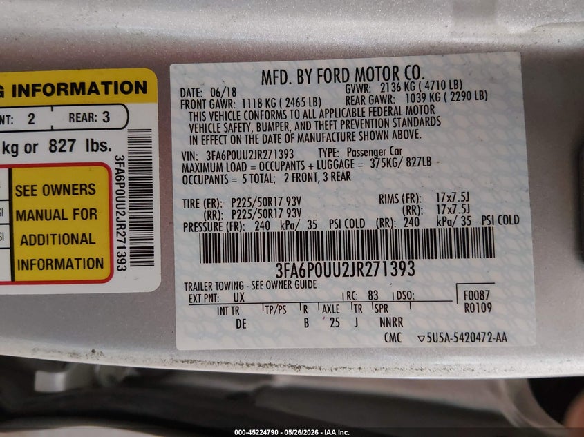 2018 Ford Fusion VIN 3FA6P0UU2JR271393 IAAI salvage auction — NORMAL WEAR, Sf97 (Alabama), sold $11,400 on 2026-07-16 (photo 9)