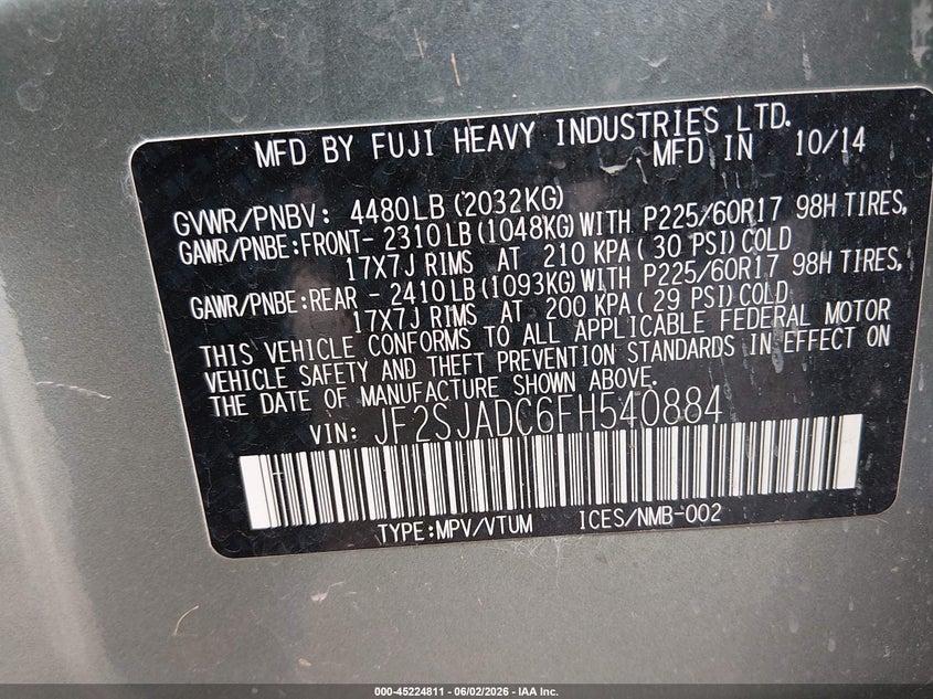 2015 Subaru Forester VIN JF2SJADC6FH540884 IAAI salvage auction — NORMAL WEAR, Salvage (Nebraska), sold $825 on 2026-07-09 (photo 9)