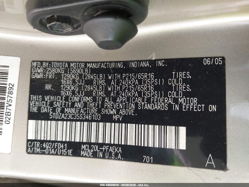 2005 Toyota Sienna VIN 5TDZA23C35S346103 IAAI salvage auction — FRONT & REAR, Salvage (Idaho), sold $475 on 2026-07-20 (photo 9)