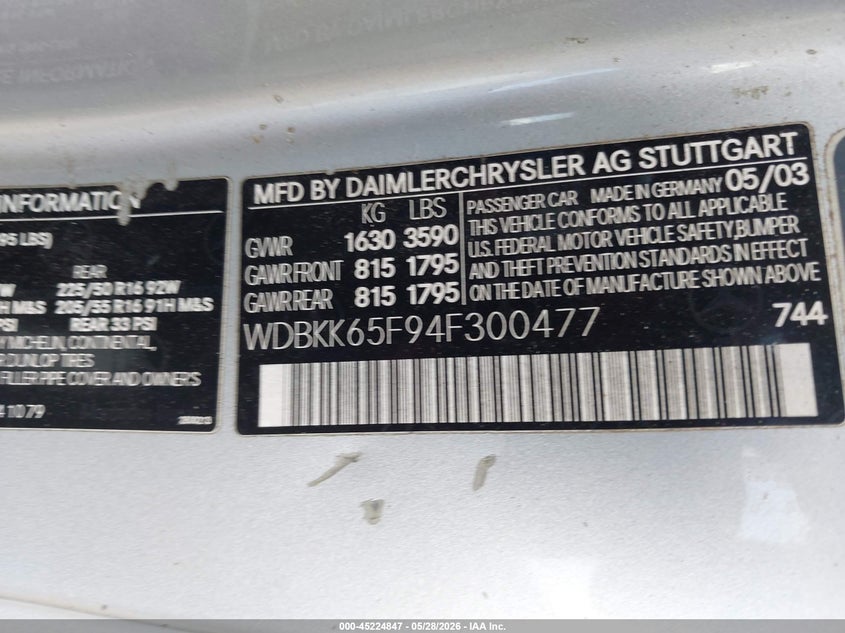 2004 Mercedes-benz Slk-klasse VIN WDBKK65F94F300477 IAAI salvage auction — REAR END, Salvage (Texas), sold $1,100 on 2026-07-07 (photo 9)