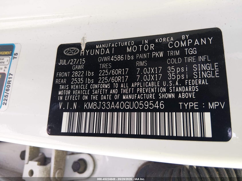 2016 Hyundai Tucson VIN KM8J33A40GU059546 IAAI salvage auction — FRONT END, Salvage (Georgia), sold $825 on 2026-07-17 (photo 9)