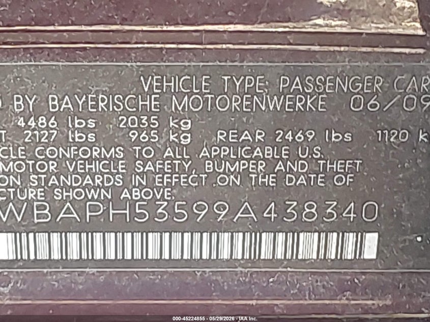 2009 BMW 3 series VIN WBAPH53599A438340 IAAI salvage auction — NORMAL WEAR, Clear (New York), sold $575 on 2026-08-04 (photo 9)