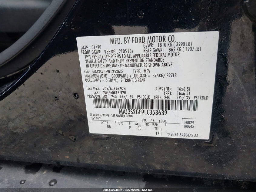 2020 Ford Ecosport VIN MAJ3S2GE9LC353639 IAAI salvage auction — FRONT END, Salvage Title, sold $1,200 on 2026-07-14 (photo 9)