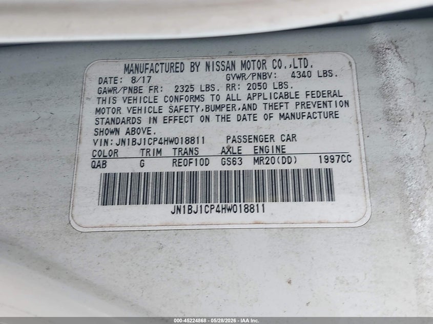 2017 Nissan Rogue VIN JN1BJ1CP4HW018811 IAAI salvage auction — RIGHT FRONT, Rebuildable (Florida), sold $1,200 on 2026-07-08 (photo 9)