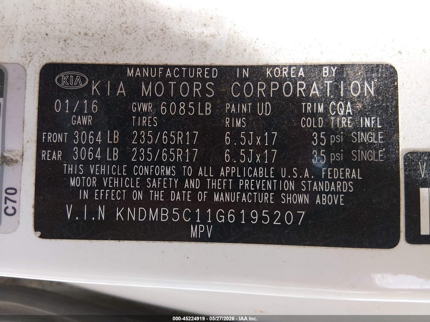 2016 Kia SEDONA VIN KNDMB5C11G6195207 IAAI salvage auction — WATER/FLOOD, Clear (Tennessee), sold $325 on 2026-07-11 (photo 9)