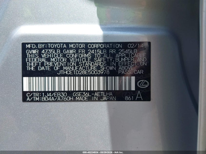 2014 Lexus Is VIN JTHCE1D28E5003978 IAAI salvage auction — REAR END, Salvage (Ohio), sold $2,000 on 2026-07-30 (photo 9)