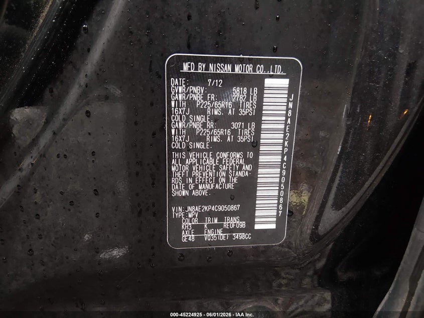 2012 Nissan Quest VIN JN8AE2KP4C9050867 IAAI salvage auction — LEFT FRONT, Salvage Title, sold $675 on 2026-07-21 (photo 9)