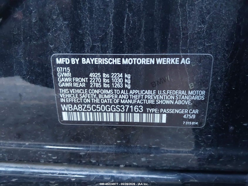 2016 BMW 3er VIN WBA8Z5C50GGS37163 IAAI salvage auction — UNDERCARRIAGE, Clear (Michigan), sold $2,325 on 2026-07-20 (photo 9)