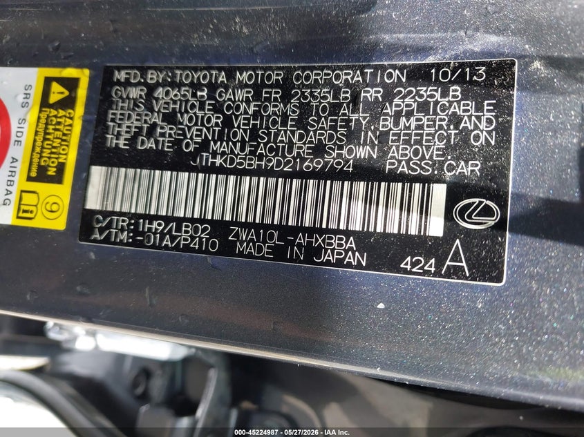 2013 Lexus Ct VIN JTHKD5BH9D2169794 IAAI salvage auction — LEFT SIDE, Salvage Title, sold $1,300 on 2026-07-06 (photo 9)