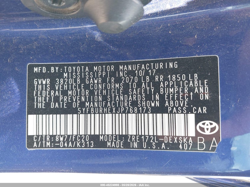 2018 Toyota Corolla VIN 5YFBURHEXJP768173 IAAI salvage auction — SIDE, Original (Texas), sold $3,350 on 2026-07-28 (photo 9)