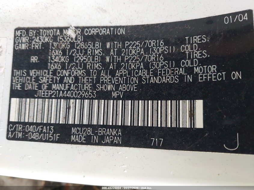 2004 Toyota Highlander VIN JTEEP21A440029653 IAAI salvage auction — NORMAL WEAR, Original (Ohio), sold $600 on 2026-07-15 (photo 9)