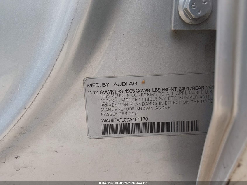 2013 Audi A4 VIN WAUBFAFL0DA161170 IAAI salvage auction — FRONT END, Salvage Title, sold $675 on 2026-07-09 (photo 9)