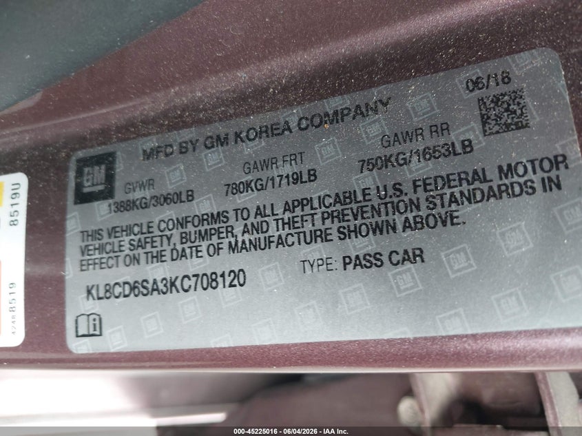 2019 Chevrolet Spark VIN KL8CD6SA3KC708120 IAAI salvage auction — FRONT END, Salvage Certificate (California), sold $875 on 2026-07-29 (photo 9)