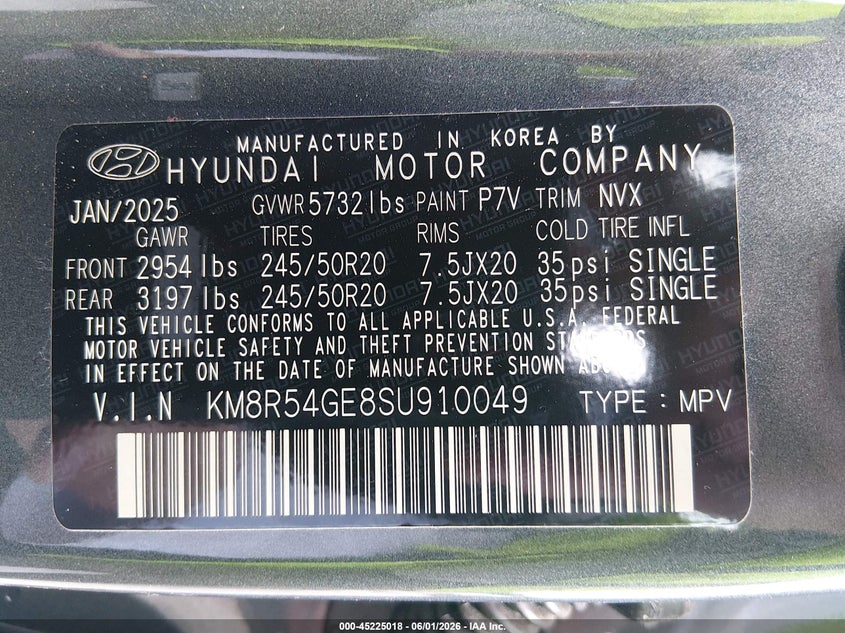 2025 Hyundai Palisade VIN KM8R54GE8SU910049 IAAI salvage auction — FRONT END, Salvage Title, sold $14,850 on 2026-07-15 (photo 9)