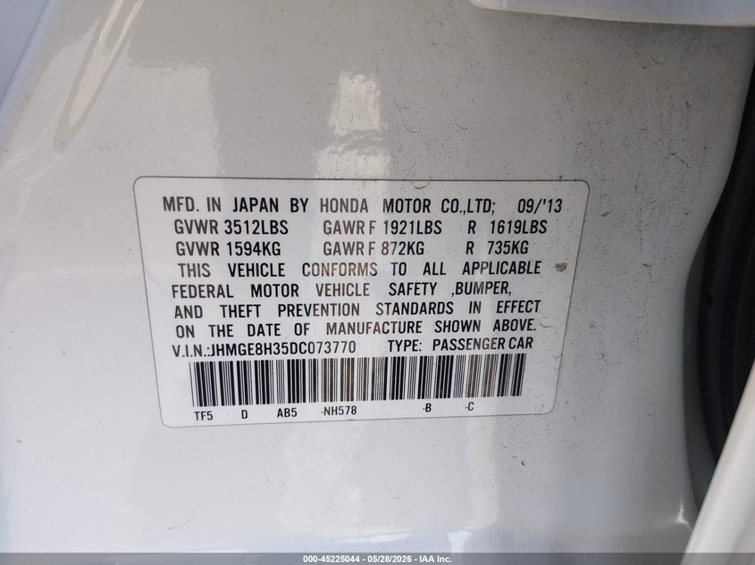 2013 Honda Fit VIN JHMGE8H35DC073770 IAAI salvage auction — FRONT END, Salvage (Nevada), sold $225 on 2026-07-10 (photo 9)