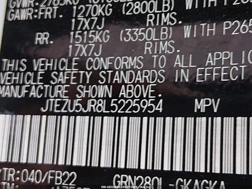2020 Toyota 4runner VIN JTEZU5JR8L5225954 IAAI salvage auction — NORMAL WEAR, Original (Texas), sold $5,300 on 2026-07-06 (photo 9)