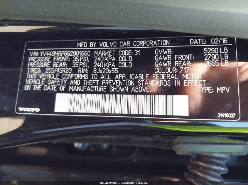 2016 Volvo Xc60 VIN YV449MRP6G2901660 IAAI salvage auction — FRONT END, Salvage Title, sold $1,250 on 2026-07-29 (photo 9)