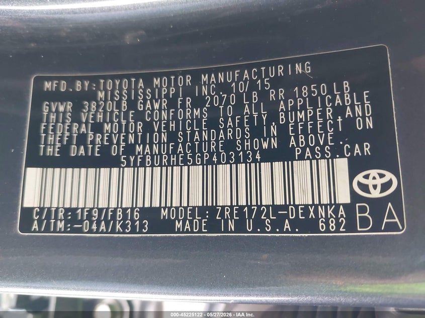 2016 Toyota Corolla VIN 5YFBURHE5GP403134 IAAI salvage auction — FRONT END, Salvage (California), sold $1,200 on 2026-07-08 (photo 9)