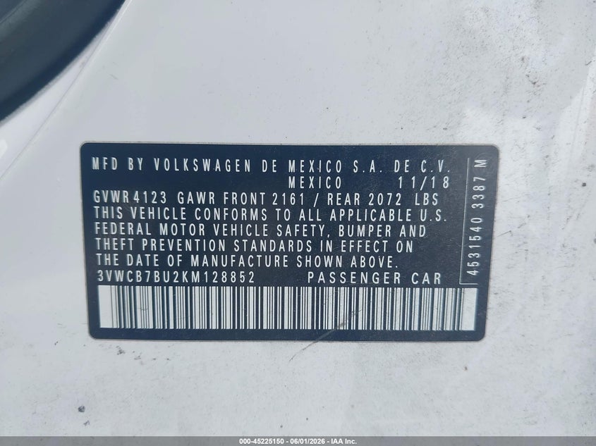 2019 Volkswagen Jetta VIN 3VWCB7BU2KM128852 IAAI salvage auction — REAR END, Salvage Title, sold $3,450 on 2026-08-03 (photo 9)