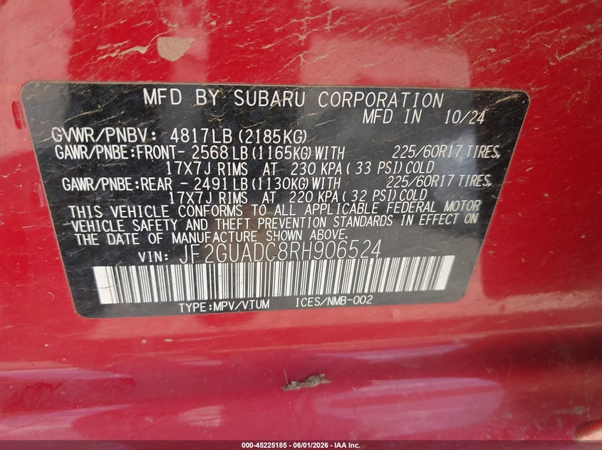 2024 Subaru Xv VIN JF2GUADC8RH906524 IAAI salvage auction — ENGINE DAMAGE, Salvage Title, sold $1,950 on 2026-07-22 (photo 9)