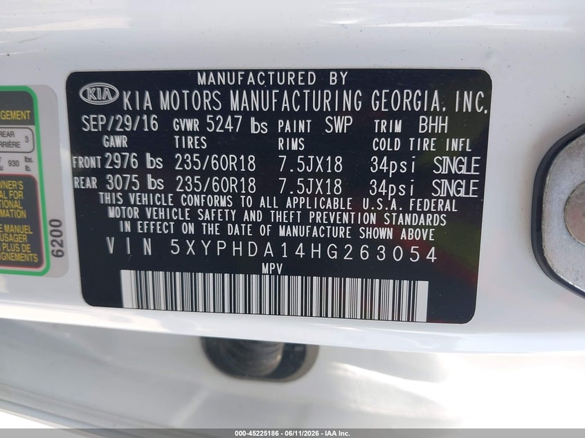 2017 Kia Sorento VIN 5XYPHDA14HG263054 IAAI salvage auction — RIGHT FRONT, Salvage (Massachusetts), sold $2,250 on 2026-07-21 (photo 9)