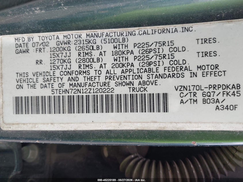 2002 Toyota Tacoma VIN 5TEHN72N12Z120222 IAAI salvage auction — NORMAL WEAR, Original (Maine), sold $1,150 on 2026-07-13 (photo 9)