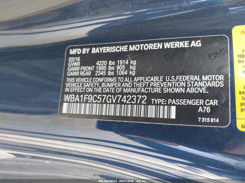 2016 BMW VIN WBA1F9C57GV742372 IAAI salvage auction — FRONT END, Rebuildable (Florida), sold $750 on 2026-07-28 (photo 9)