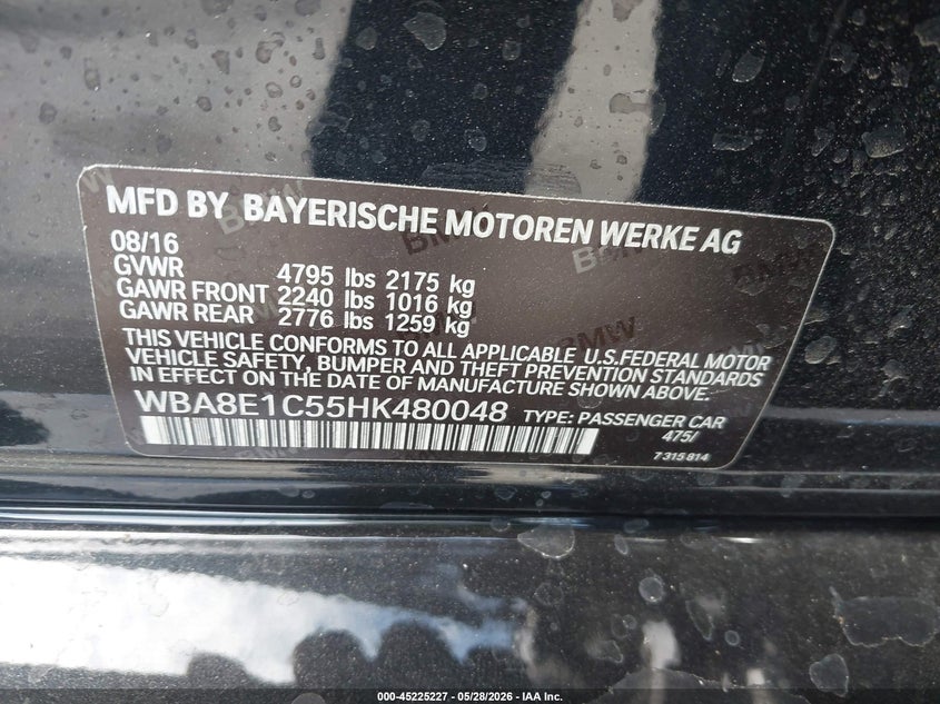2017 BMW 3er VIN WBA8E1C55HK480048 IAAI salvage auction — FRONT END, Salvage (California), sold $4,900 on 2026-08-12 (photo 9)