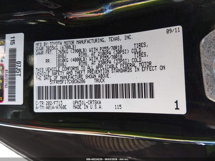 2012 Toyota Tundra VIN 5TFRM5F17CX036286 IAAI salvage auction — REAR END, Salvage Title, sold $2,400 on 2026-07-14 (photo 9)