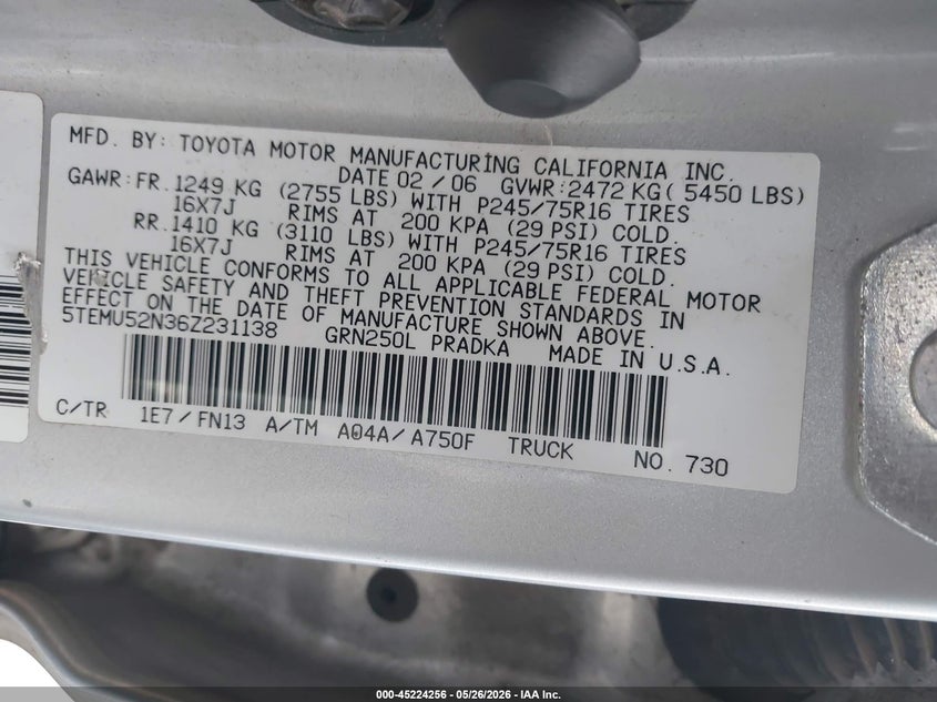 2006 Toyota Tacoma VIN 5TEMU52N36Z231138 IAAI salvage auction — ROLLOVER, Salvage (Hawaii), sold $1,275 on 2026-07-14 (photo 9)