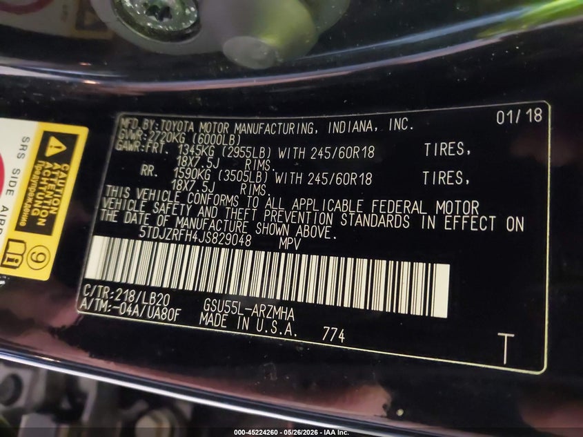 2018 Toyota Highlander VIN 5TDJZRFH4JS829048 IAAI salvage auction — LEFT FRONT, Salvage Title, sold $10,100 on 2026-07-15 (photo 9)