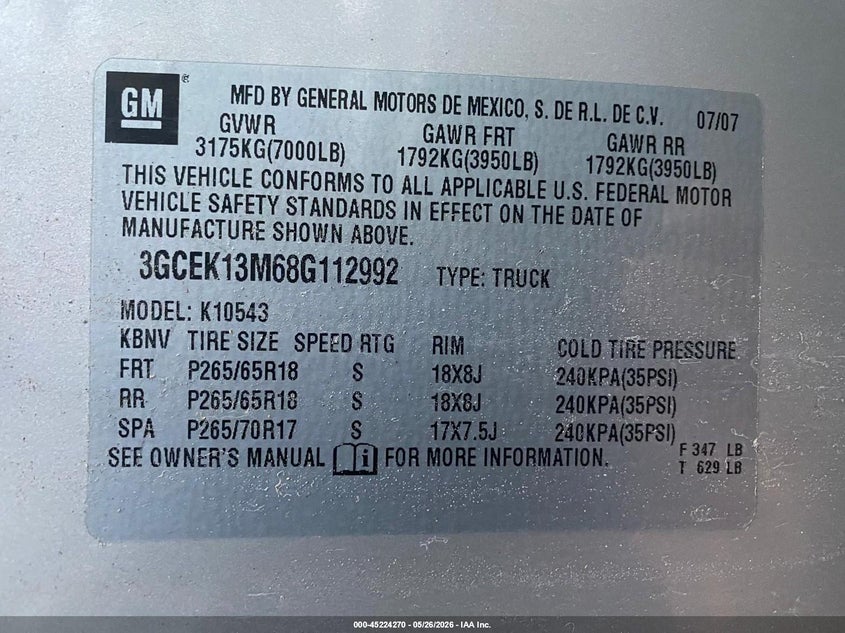2008 Chevrolet Silverado 1500 VIN 3GCEK13M68G112992 IAAI salvage auction — NORMAL WEAR, Clear - Dealer Only (California), sold $2,675 on 2026-07-09 (photo 9)