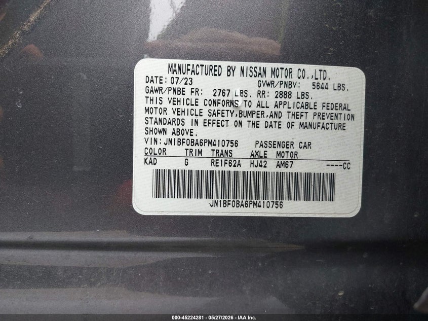 2023 Nissan Ariya VIN JN1BF0BA6PM410756 IAAI salvage auction — FRONT & REAR, Salvage Title, sold $2,000 on 2026-07-23 (photo 8)