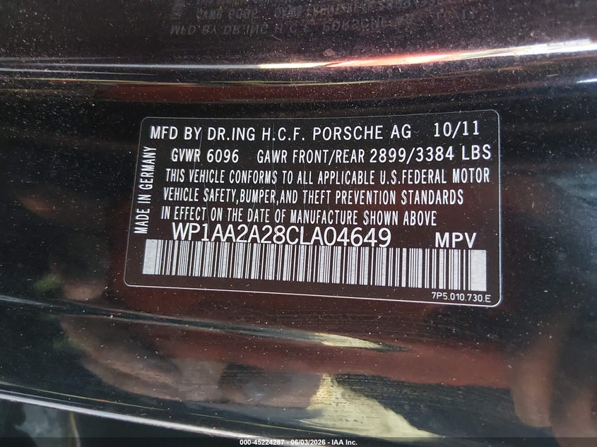 2012 Porsche Cayenne VIN WP1AA2A28CLA04649 IAAI salvage auction — LEFT FRONT, Wait Title, sold $2,250 on 2026-09-05 (photo 9)